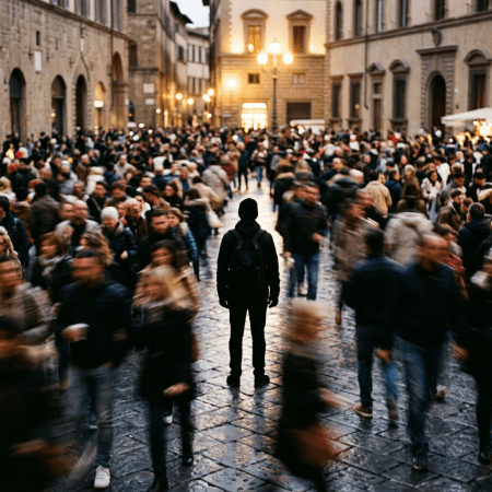 Person standing still wearing dark clothes and backpack surrounded by many blurred people walking in a crowded city street